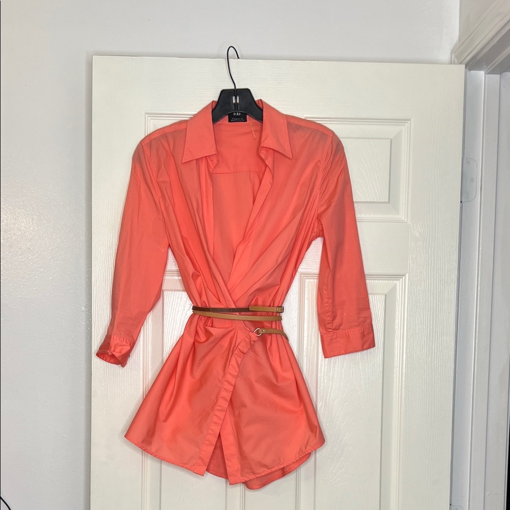 Coral Button-Up Shirt with Belt color is peach or some coral pink